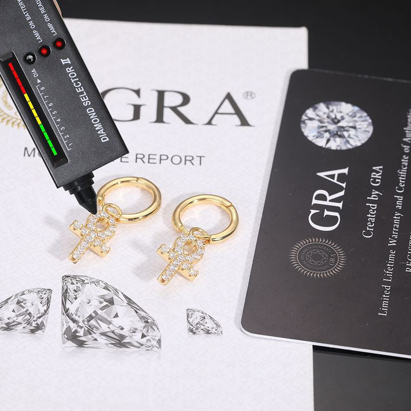 S925 Sterling Silver D-Color Moissanite Stud Earrings – Minimalist Key & Cross Design; Versatile and Elegant.