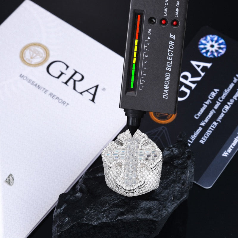 S925 Sterling Silver Moissanite Men's Hip-Hop Ring – Cross Design with Baguette Stones; A Versatile, Trendy Ring