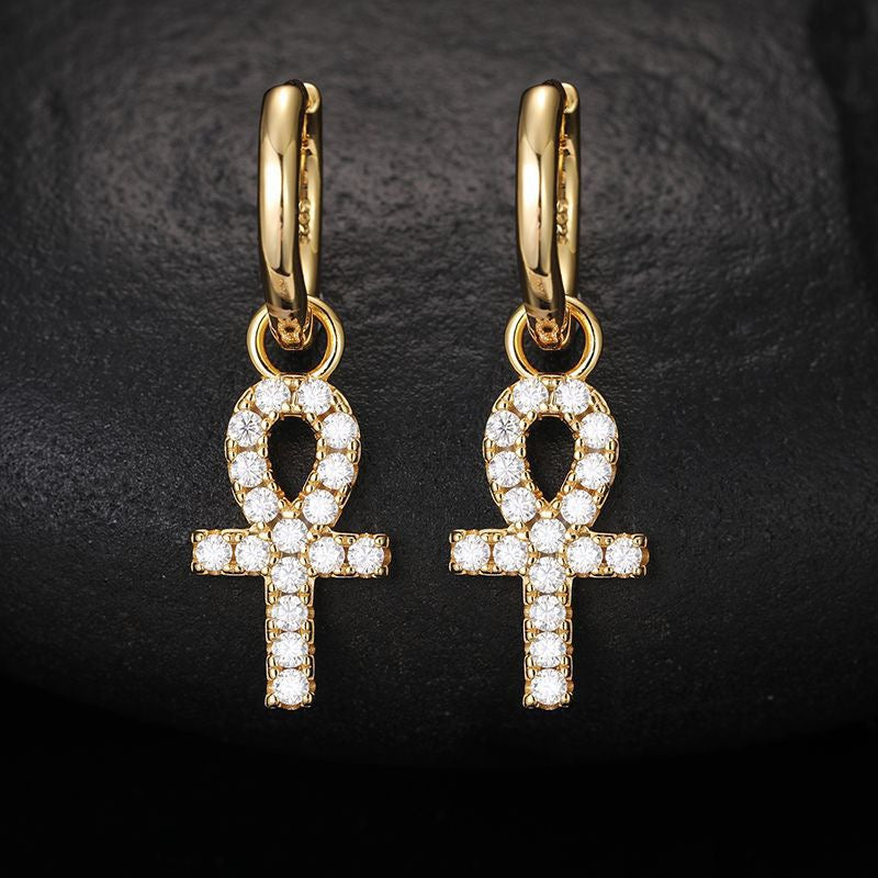 S925 Sterling Silver D-Color Moissanite Stud Earrings – Minimalist Key & Cross Design; Versatile and Elegant.