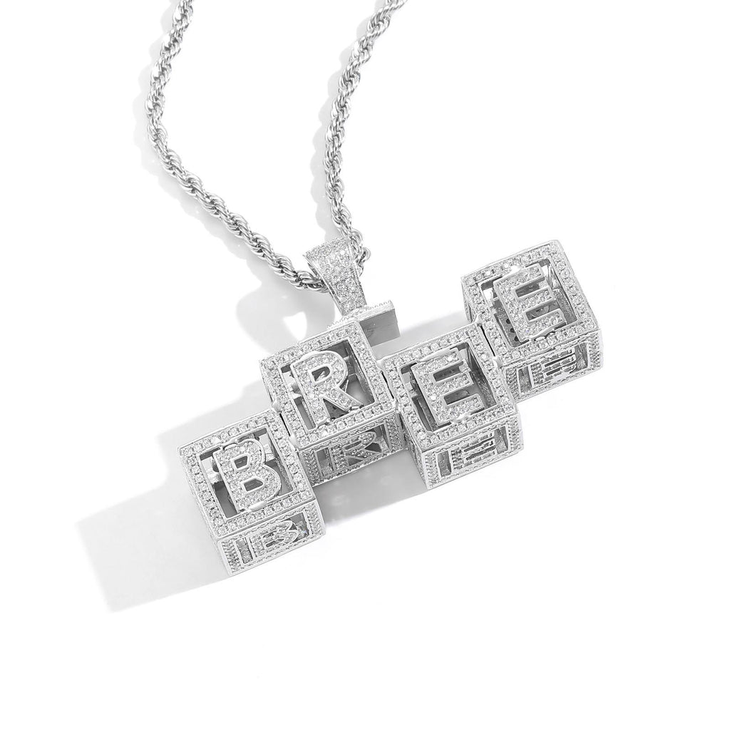 Hip-Hop Hollow Cube Letter Dice Modular Pendant — Custom Zircon-Inlaid, Personalized DIY Style