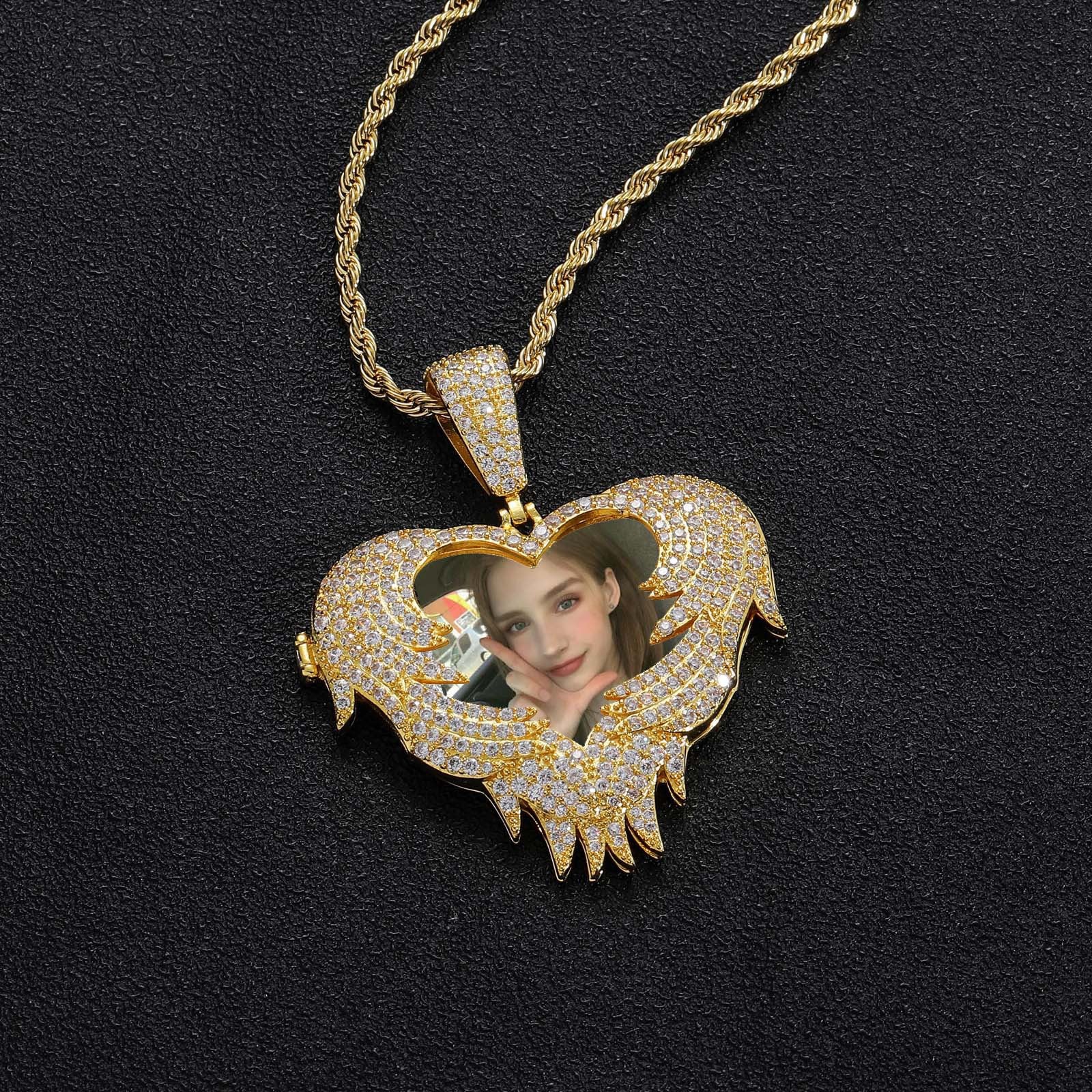 Hip-Hop Heart Flip-Open Photo Pendant — Personalized DIY Keepsake Locket (Copper with Zircon Inlay)