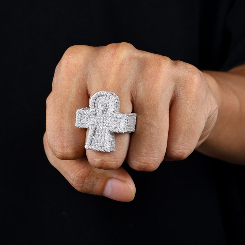 S925 Sterling Silver Moissanite Ring – Ankh Cross Design – Trendy Hip-Hop Men's Ring