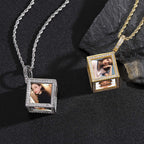 Hip-Hop Square Photo Frame Memory Pendant — Micro-Pave Zircon, Six-Sided DIY Photo Design