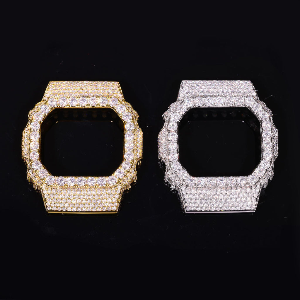Hip-Hop Style Watch Accessory – Fully Iced-Out Moissanite &amp; Brass Trendy Case (Compatible with DW5600BBR)