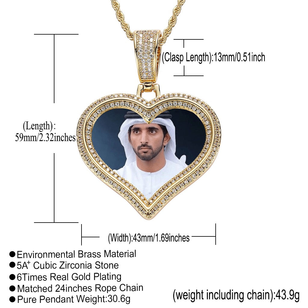 Hip-Hop Style DIY Heart-Shaped Photo Pendant for Couples — Micro-Pave Zircon Picture Frame Necklace