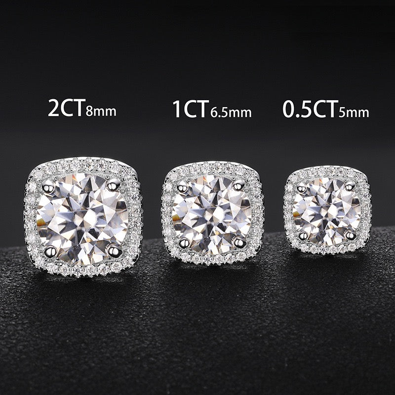 S925 Sterling Silver Square Moissanite Stud Earrings (0.5ct, 1ct, 2ct Options)