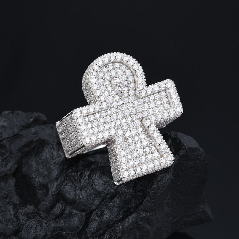 S925 Sterling Silver Moissanite Ring – Ankh Cross Design – Trendy Hip-Hop Men's Ring