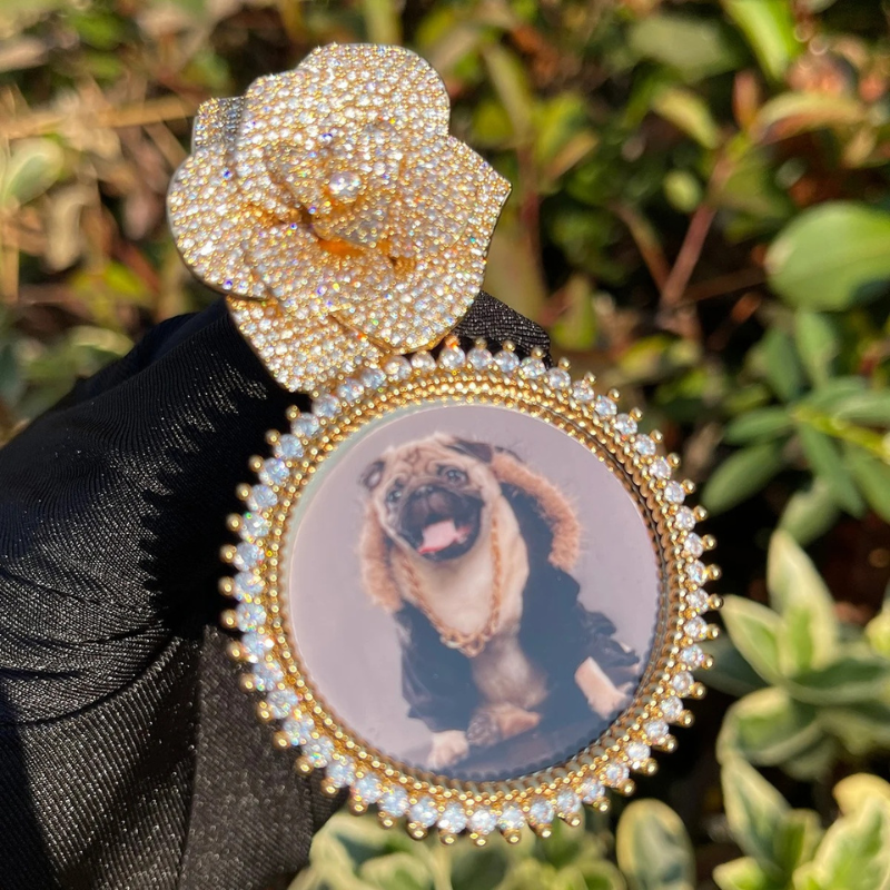 Moissanite Rose Button Round Customized Photo Pendant