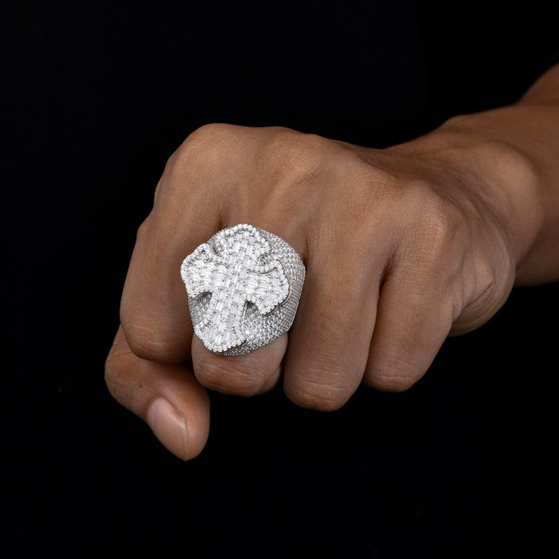 S925 Sterling Silver Moissanite Men's Hip-Hop Ring – Cross Design with Baguette Stones; A Versatile, Trendy Ring