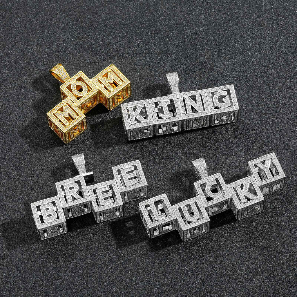 Hip-Hop Hollow Cube Letter Dice Modular Pendant — Custom Zircon-Inlaid, Personalized DIY Style