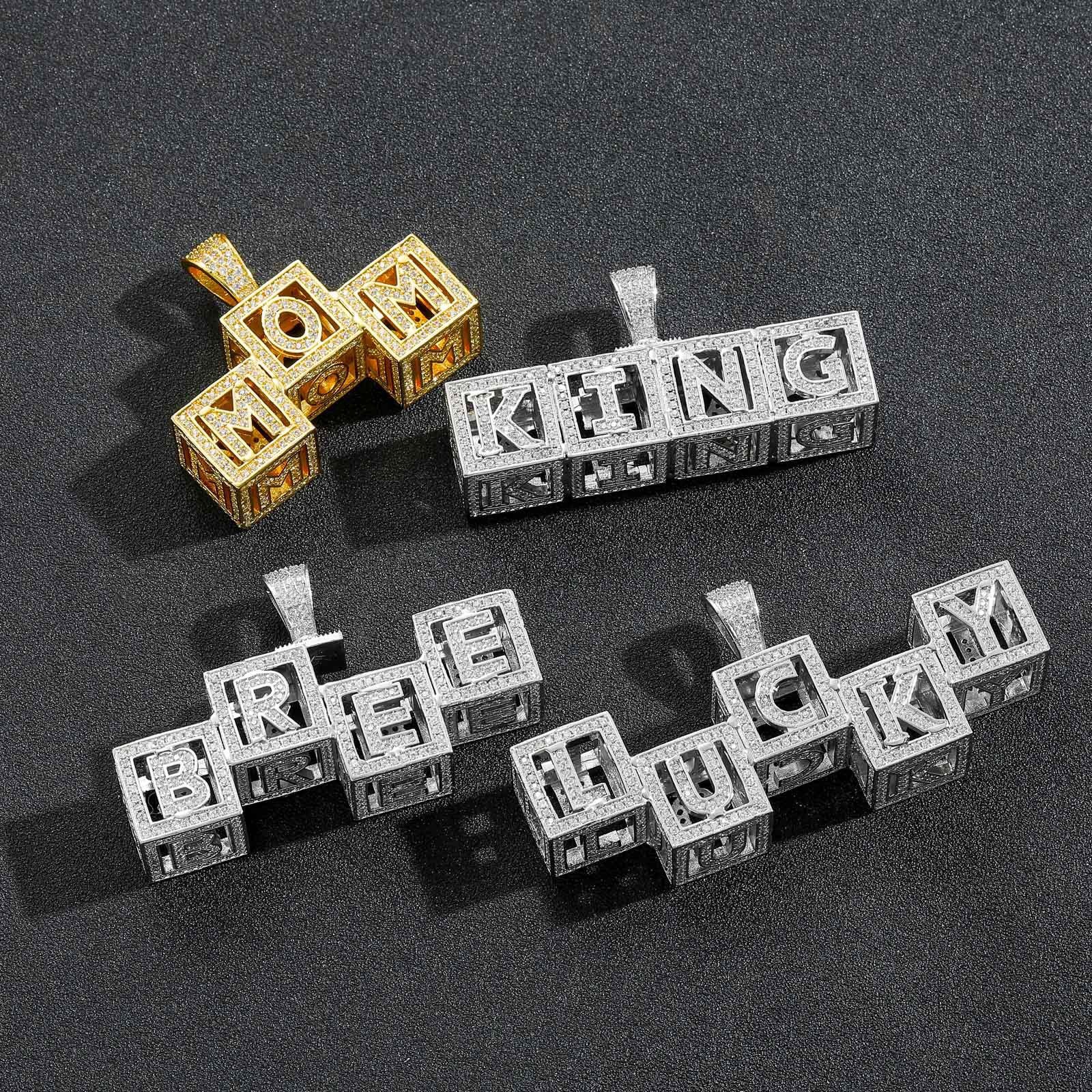 Hip-Hop Hollow Cube Letter Dice Modular Pendant — Custom Zircon-Inlaid, Personalized DIY Style