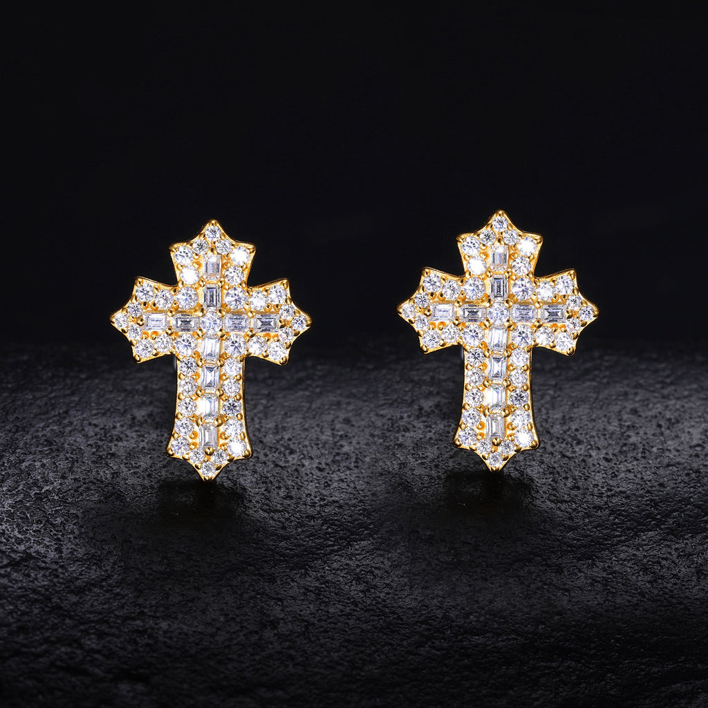 S925 Sterling Silver Moissanite Cross Stud Earrings – Minimalist, Trendy, and Stylish Hip-Hop Accessories