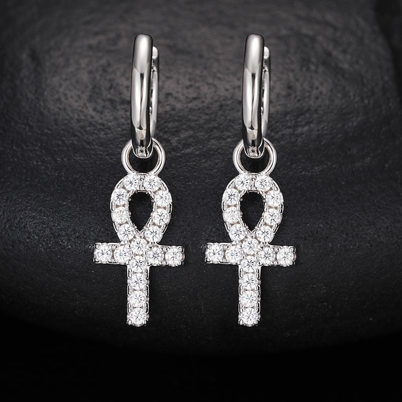 S925 Sterling Silver D-Color Moissanite Stud Earrings – Minimalist Key & Cross Design; Versatile and Elegant.