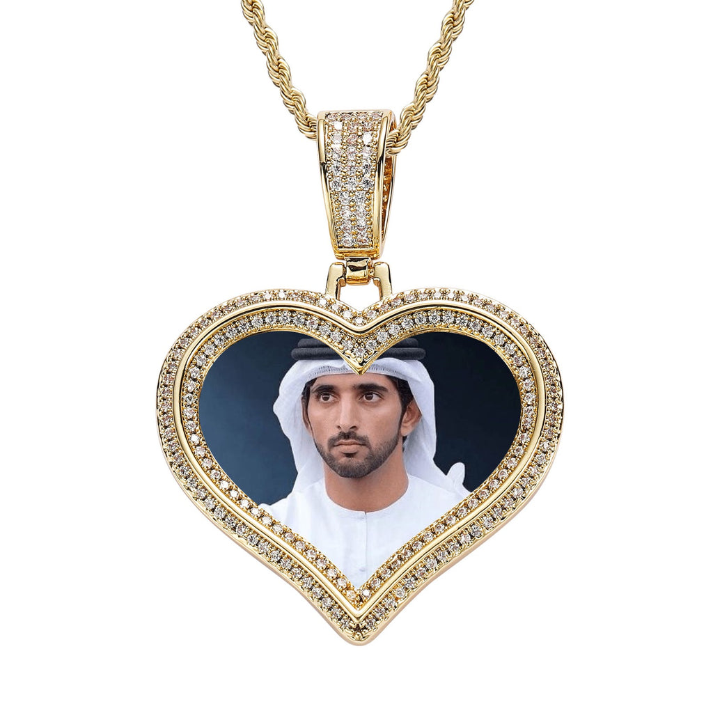 Hip-Hop Style DIY Heart-Shaped Photo Pendant for Couples — Micro-Pave Zircon Picture Frame Necklace