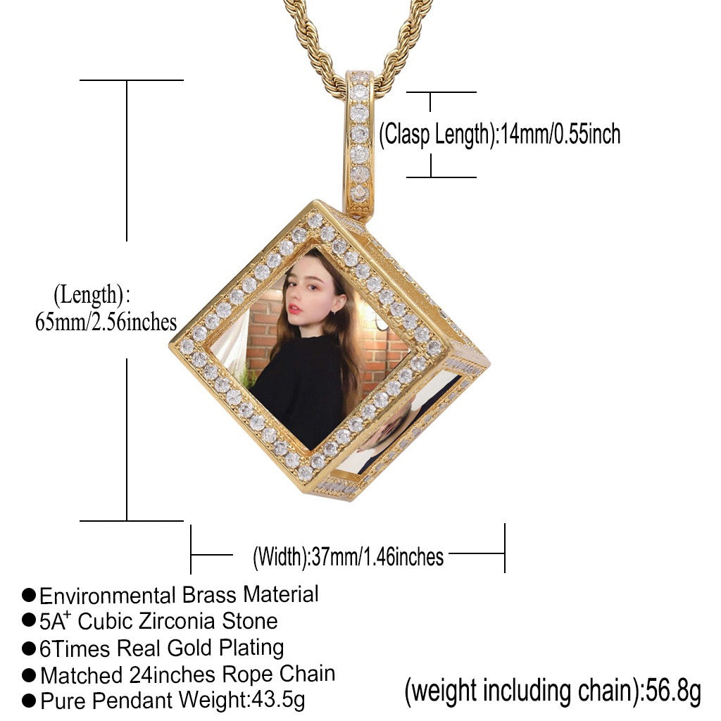 Hip-Hop Square Photo Frame Memory Pendant — Micro-Pave Zircon, Six-Sided DIY Photo Design