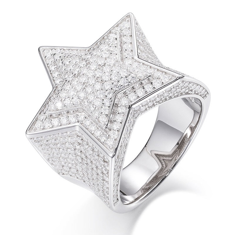 S925 Sterling Silver Moissanite Star Ring – Trendy Hip-Hop Style