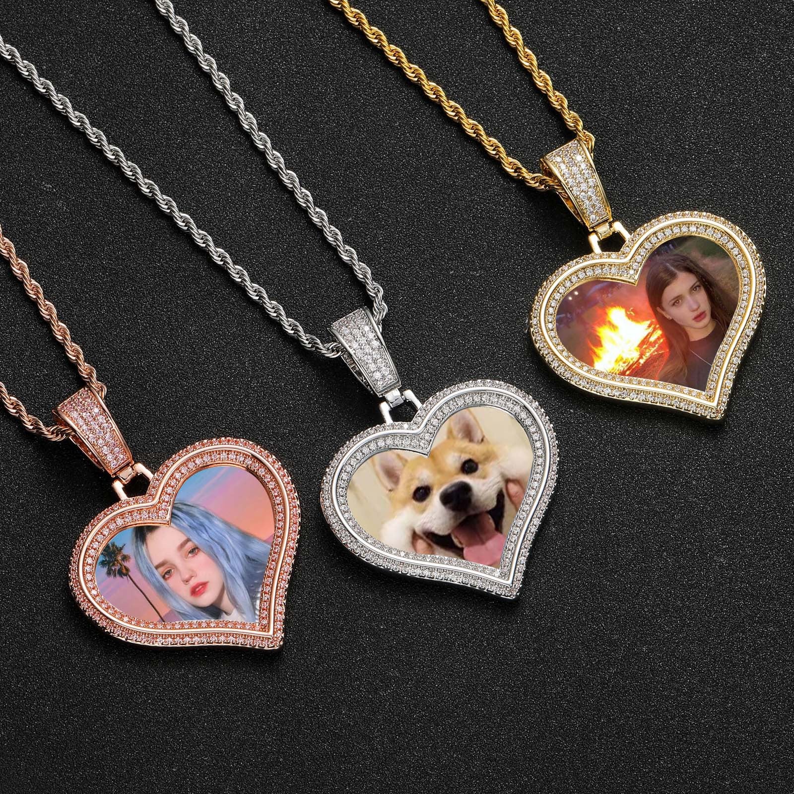 Hip-Hop Style DIY Heart-Shaped Photo Pendant for Couples — Micro-Pave Zircon Picture Frame Necklace