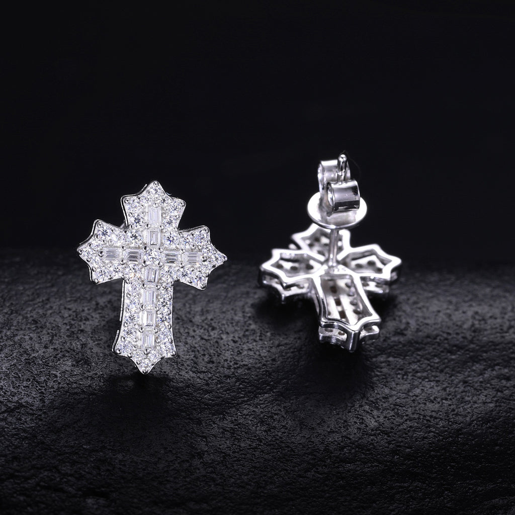 S925 Sterling Silver Moissanite Cross Stud Earrings – Minimalist, Trendy, and Stylish Hip-Hop Accessories