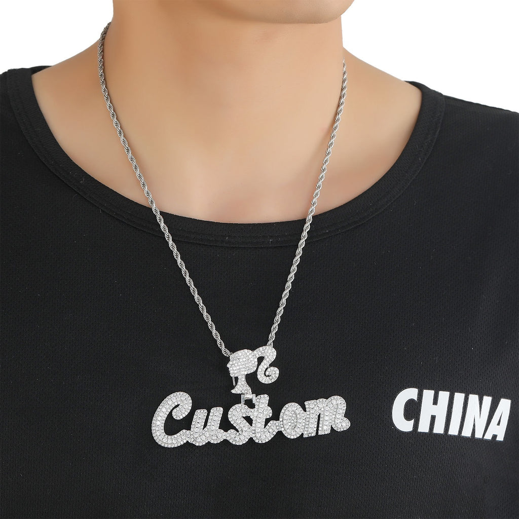Hip-Hop DIY-Style Custom Pendant: Double-Layered Zirconia Design Featuring Interlocking Uppercase and Lowercase Letters with "Barbie" Clasp