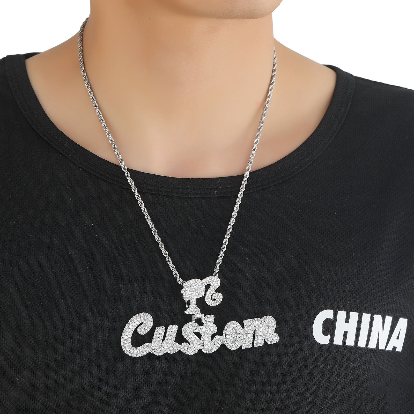 Hip-Hop DIY-Style Custom Pendant: Double-Layered Zirconia Design Featuring Interlocking Uppercase and Lowercase Letters with "Barbie" Clasp