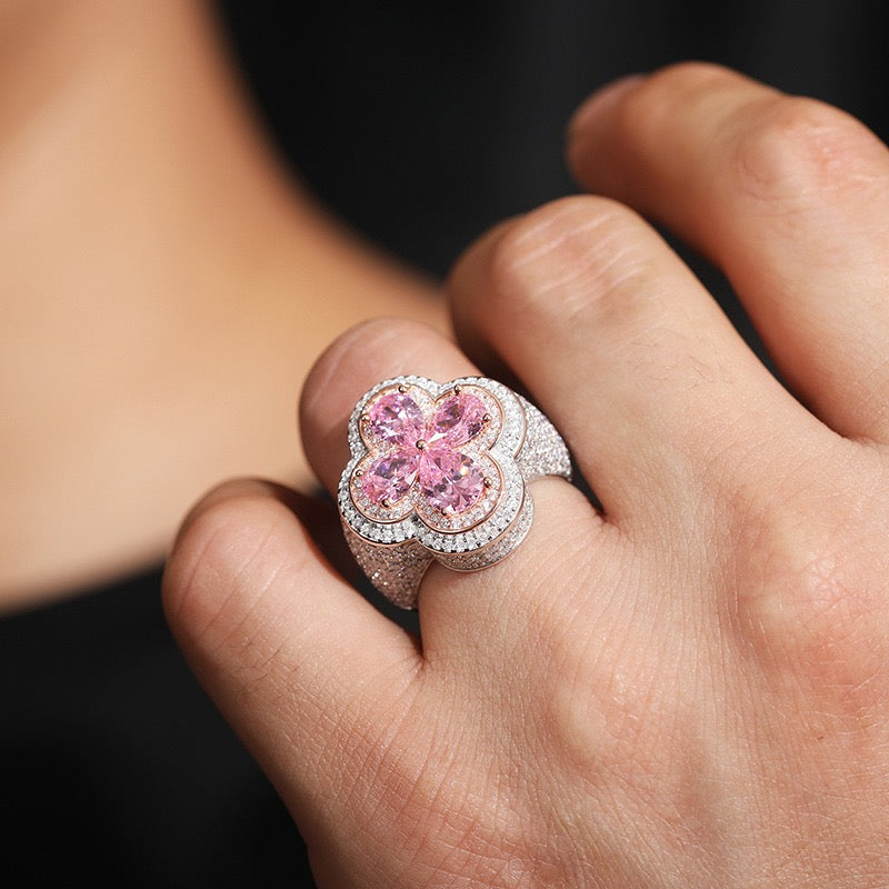 S925 Sterling Silver Moissanite Trendy Flower-Shaped Ring – Ultra-Sparkly Hip-Hop Style