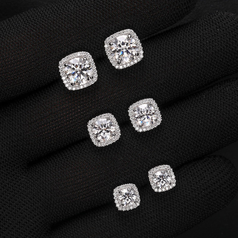S925 Sterling Silver Square Moissanite Stud Earrings (0.5ct, 1ct, 2ct Options)