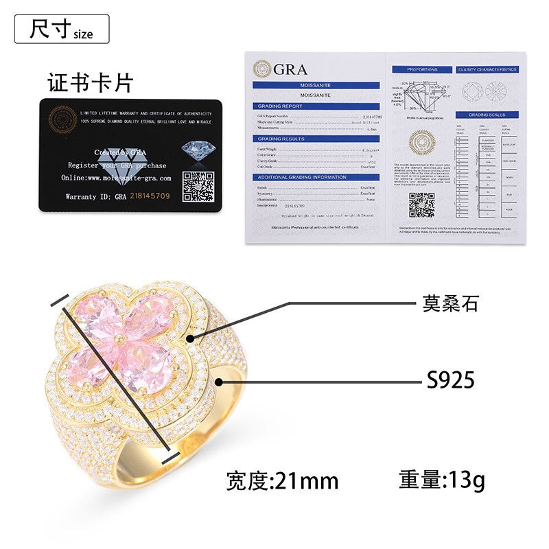 S925 Sterling Silver Moissanite Trendy Flower-Shaped Ring – Ultra-Sparkly Hip-Hop Style