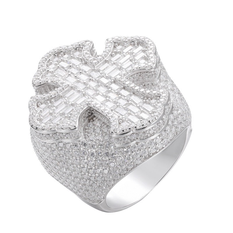 S925 Sterling Silver Moissanite Men's Hip-Hop Ring – Cross Design with Baguette Stones; A Versatile, Trendy Ring