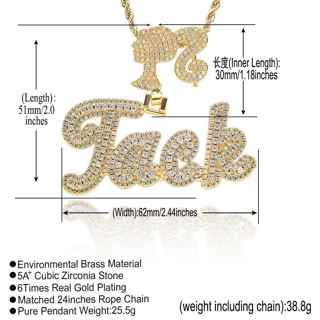 Hip-Hop DIY-Style Custom Pendant: Double-Layered Zirconia Design Featuring Interlocking Uppercase and Lowercase Letters with "Barbie" Clasp