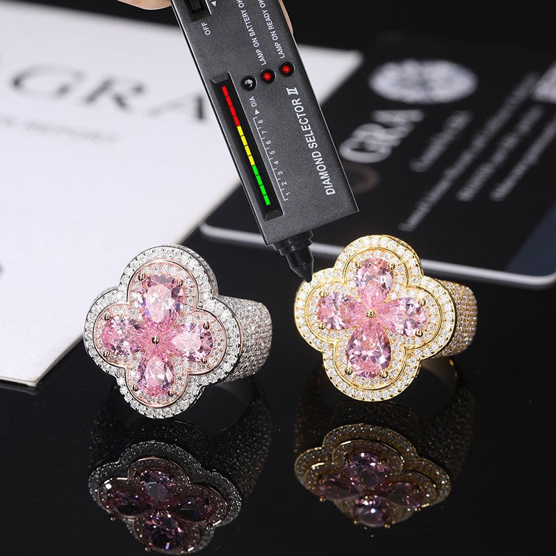 S925 Sterling Silver Moissanite Trendy Flower-Shaped Ring – Ultra-Sparkly Hip-Hop Style