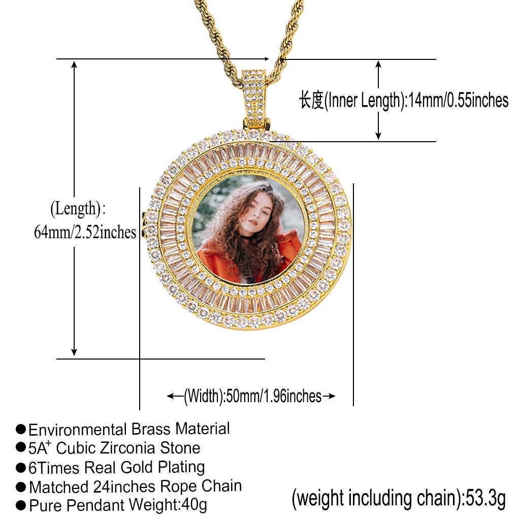 Personalized Round Photo Frame Pendant — DIY Creative Design with Square Zircon