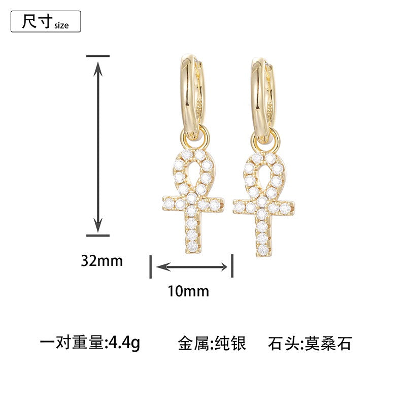 S925 Sterling Silver D-Color Moissanite Stud Earrings – Minimalist Key & Cross Design; Versatile and Elegant.
