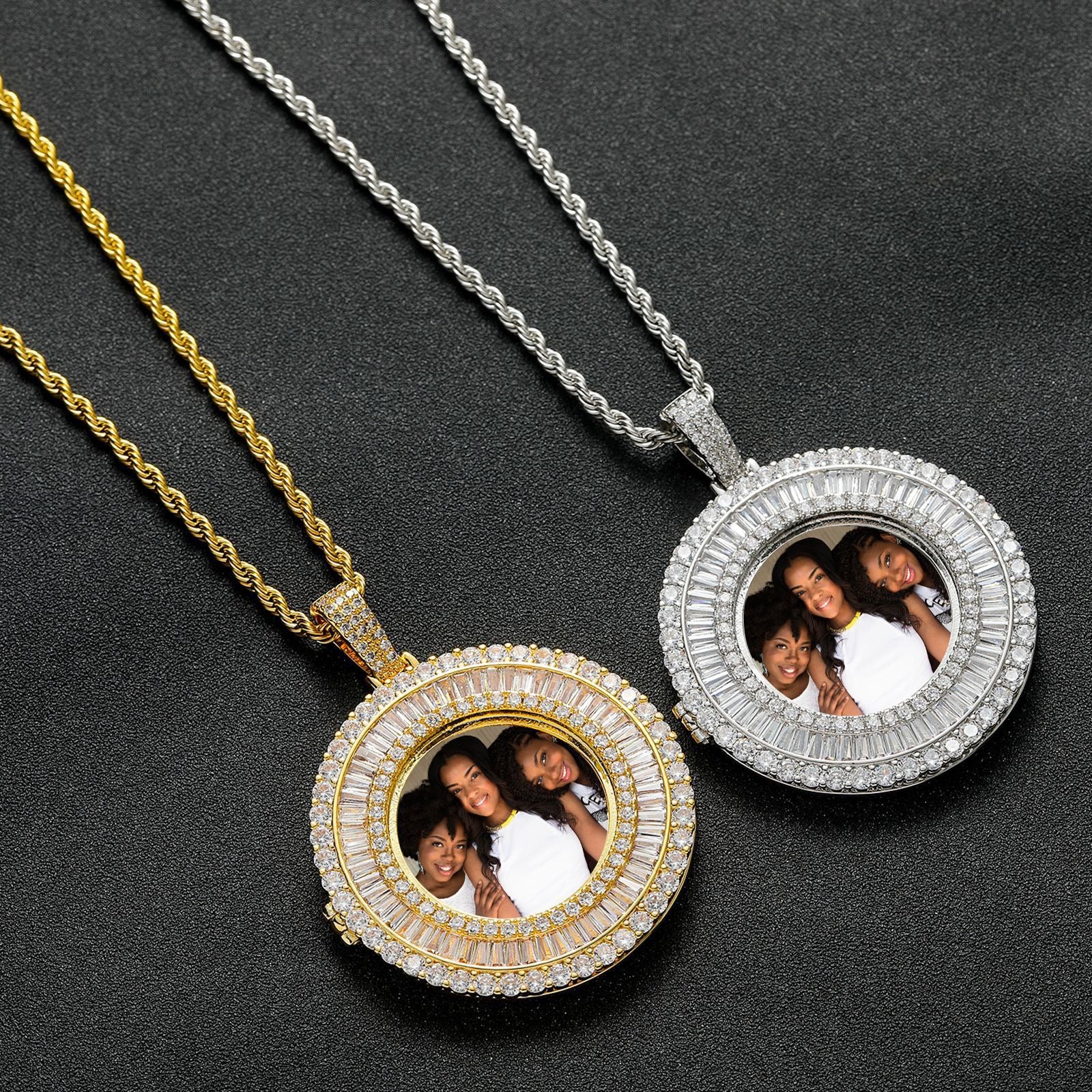 Personalized Round Photo Frame Pendant — DIY Creative Design with Square Zircon