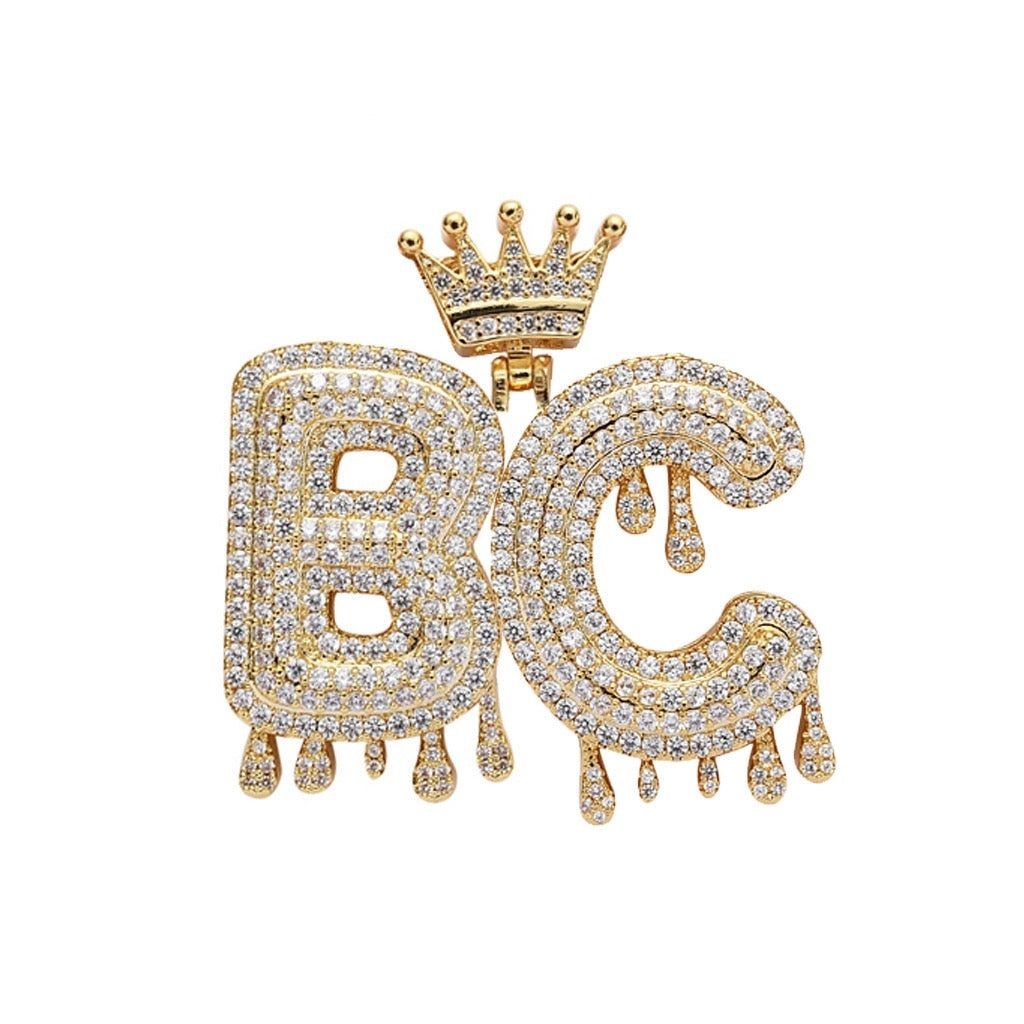 Hip-Hop Crown & Teardrop English Letter Pendant — Micro-Pave Zirconia, Trendy Brand-Style Interlocking Letter Combination