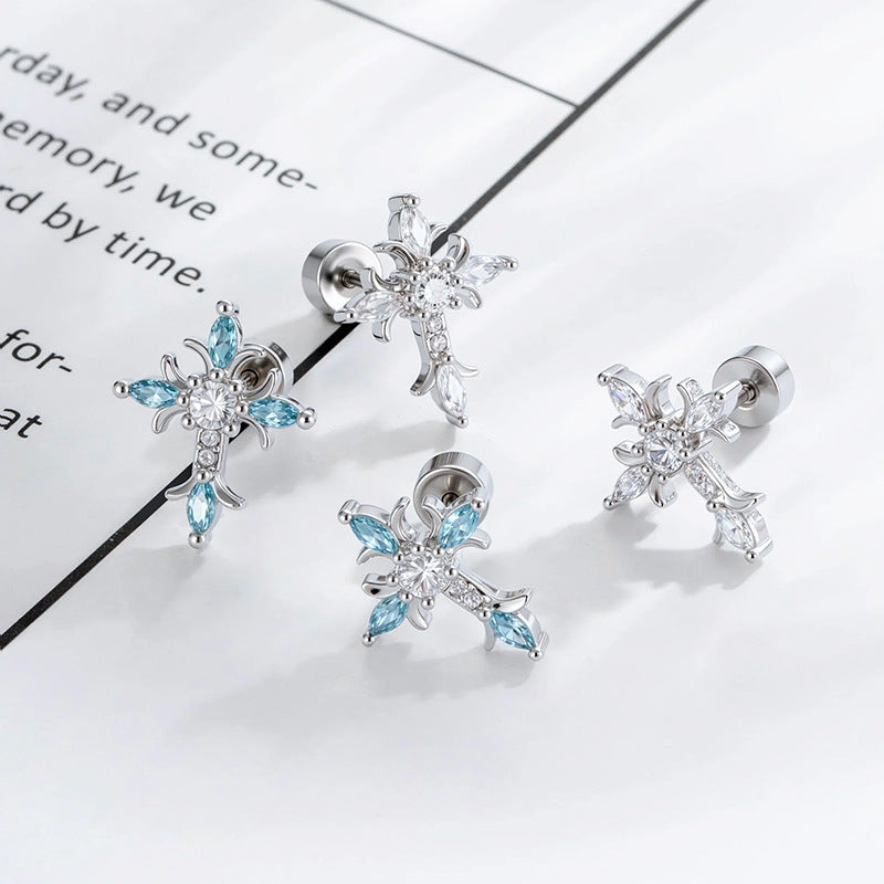 Sterling Silver Floral Cross Bullet Back Earring¡¾A pair of earrings¡¿