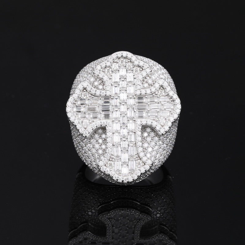 S925 Sterling Silver Moissanite Men's Hip-Hop Ring – Cross Design with Baguette Stones; A Versatile, Trendy Ring