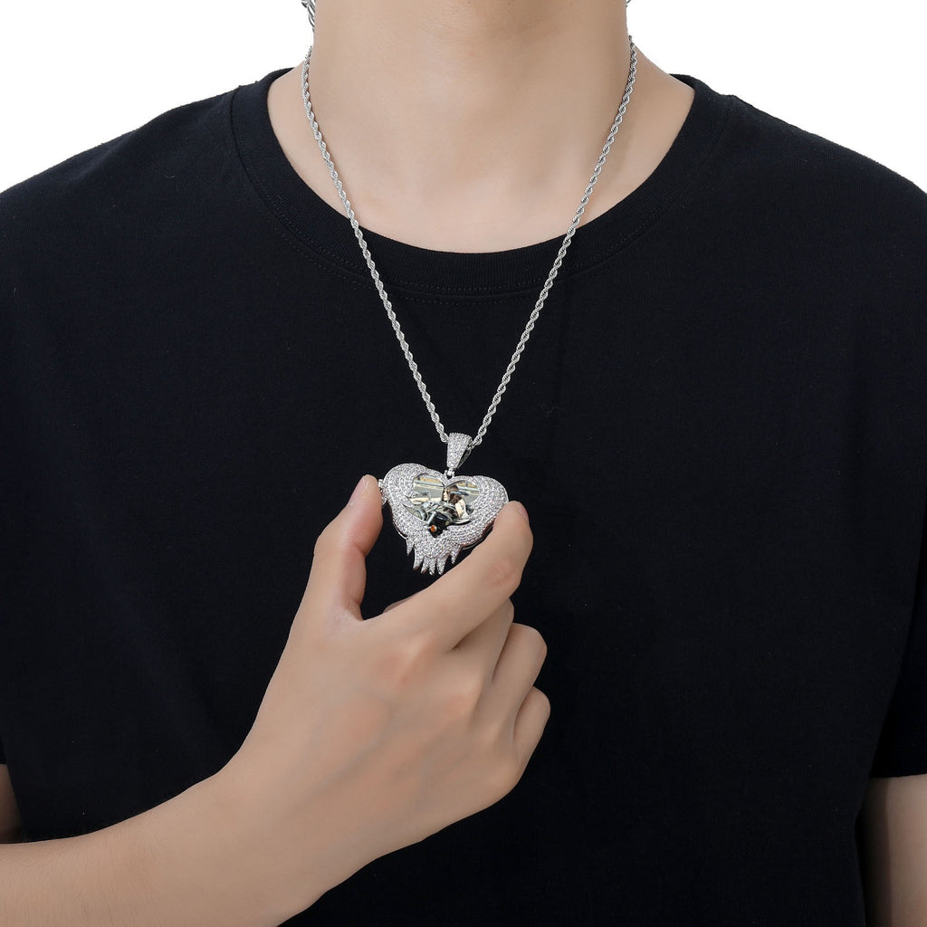 Hip-Hop Heart Flip-Open Photo Pendant — Personalized DIY Keepsake Locket (Copper with Zircon Inlay)