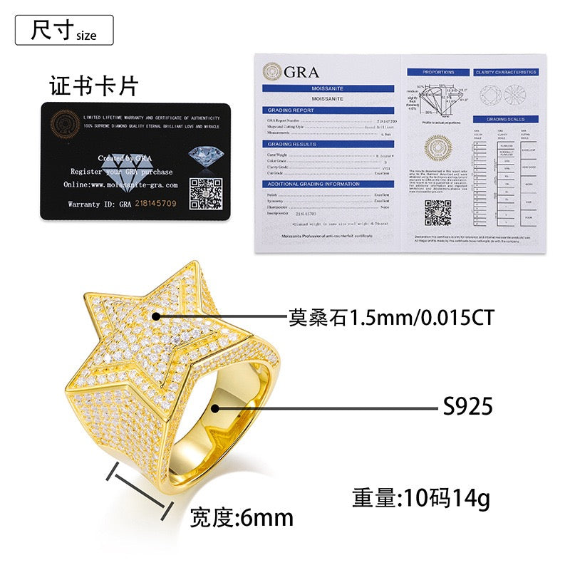 S925 Sterling Silver Moissanite Star Ring – Trendy Hip-Hop Style