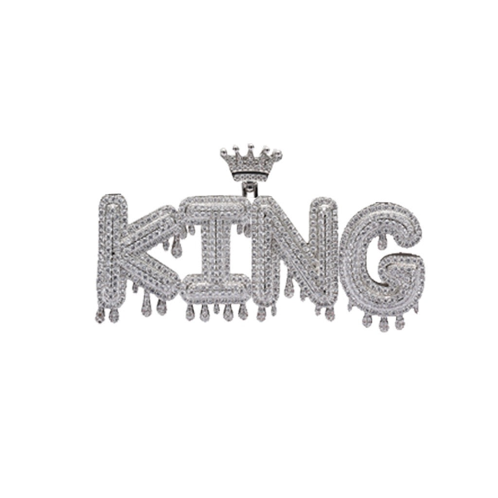 Hip-Hop Crown & Teardrop English Letter Pendant — Micro-Pave Zirconia, Trendy Brand-Style Interlocking Letter Combination
