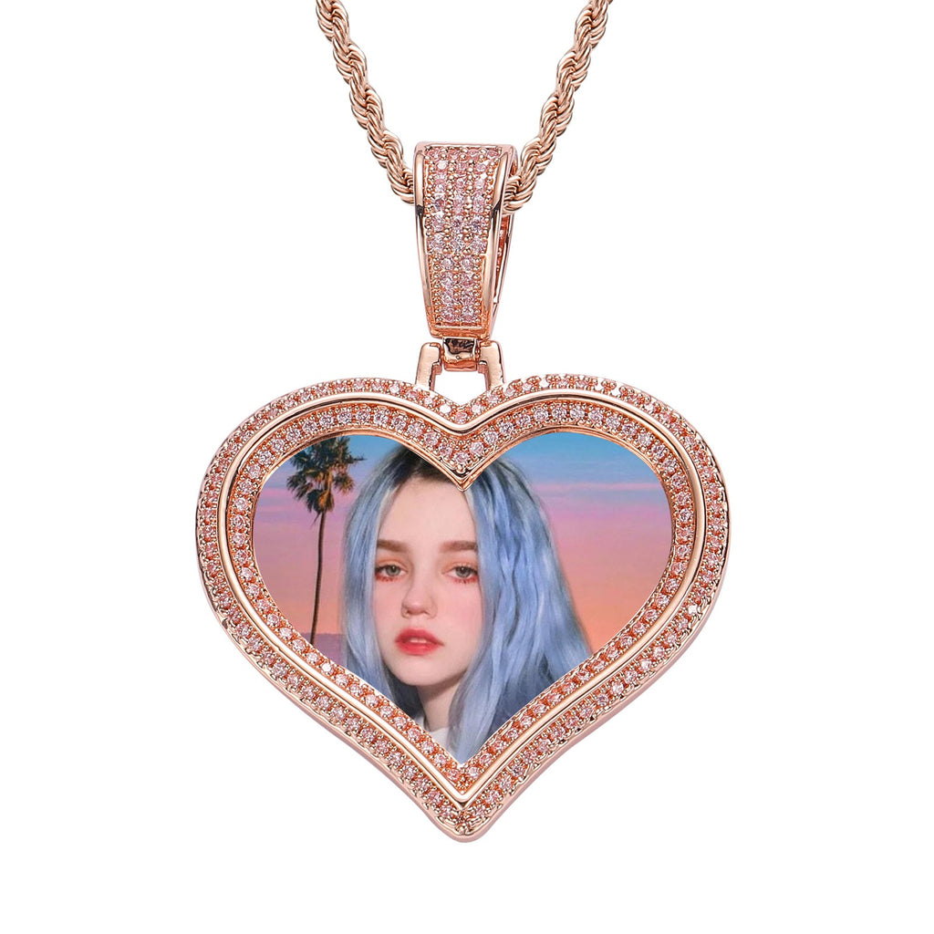 Hip-Hop Style DIY Heart-Shaped Photo Pendant for Couples — Micro-Pave Zircon Picture Frame Necklace