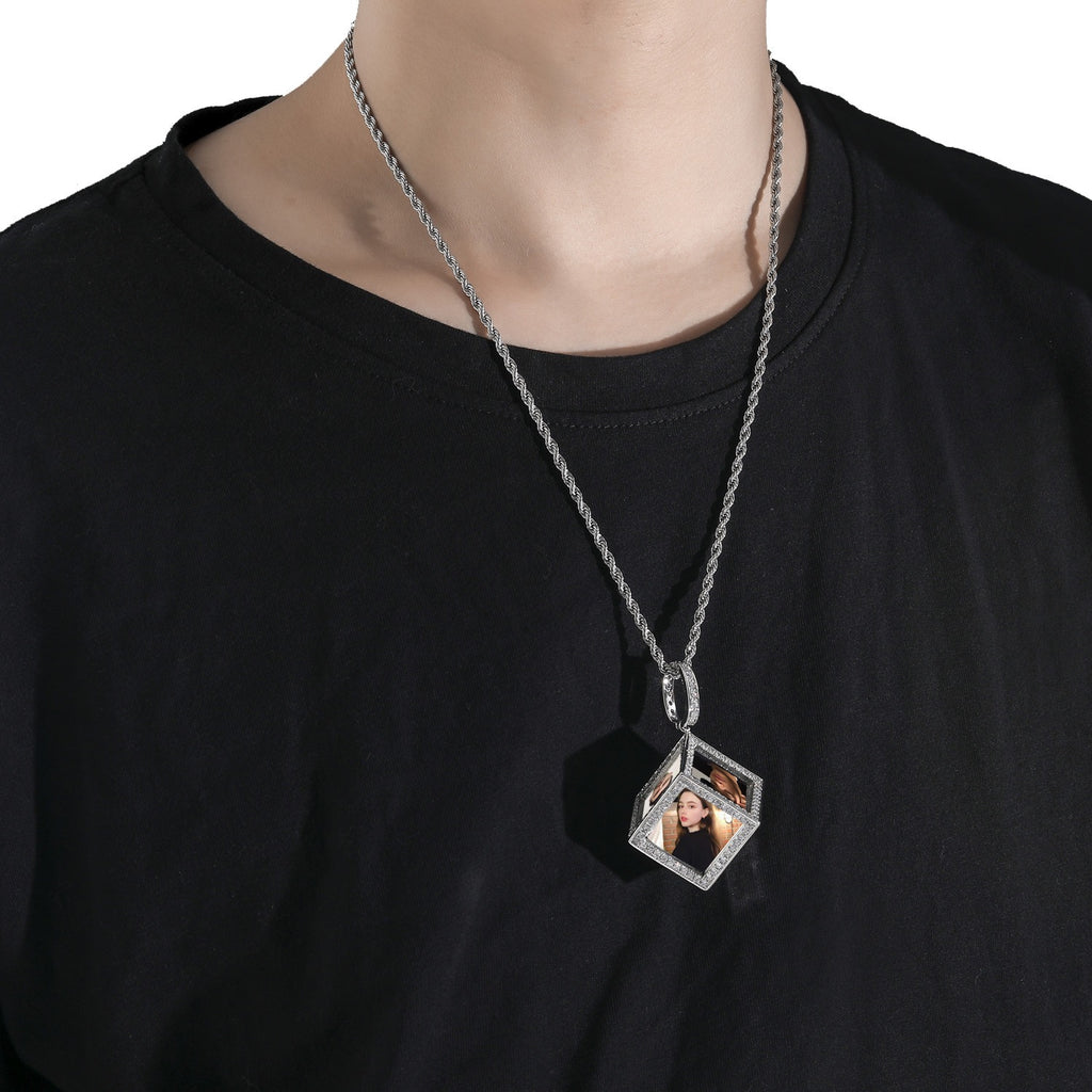 Hip-Hop Square Photo Frame Memory Pendant — Micro-Pave Zircon, Six-Sided DIY Photo Design