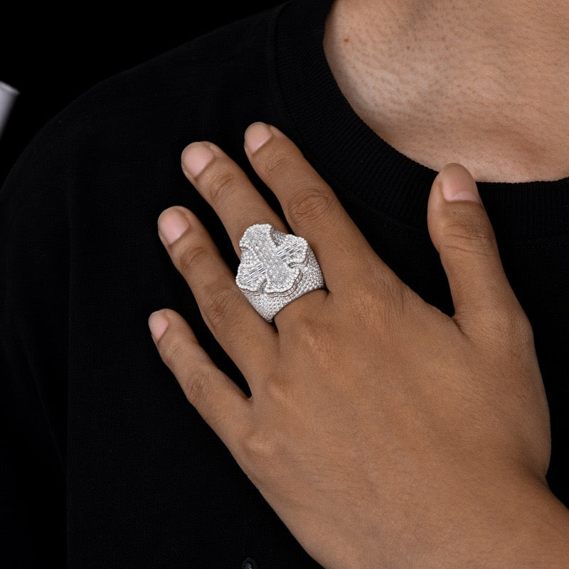 S925 Sterling Silver Moissanite Men's Hip-Hop Ring – Cross Design with Baguette Stones; A Versatile, Trendy Ring