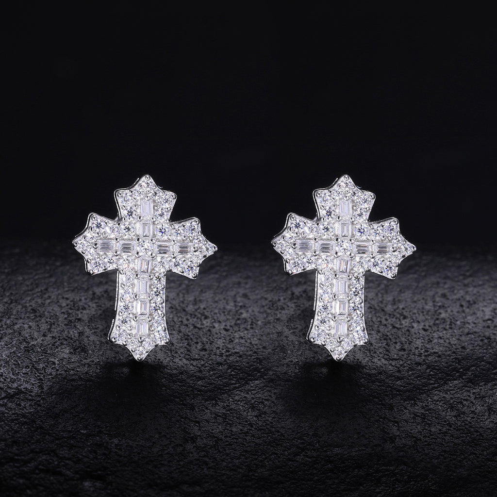 S925 Sterling Silver Moissanite Cross Stud Earrings – Minimalist, Trendy, and Stylish Hip-Hop Accessories