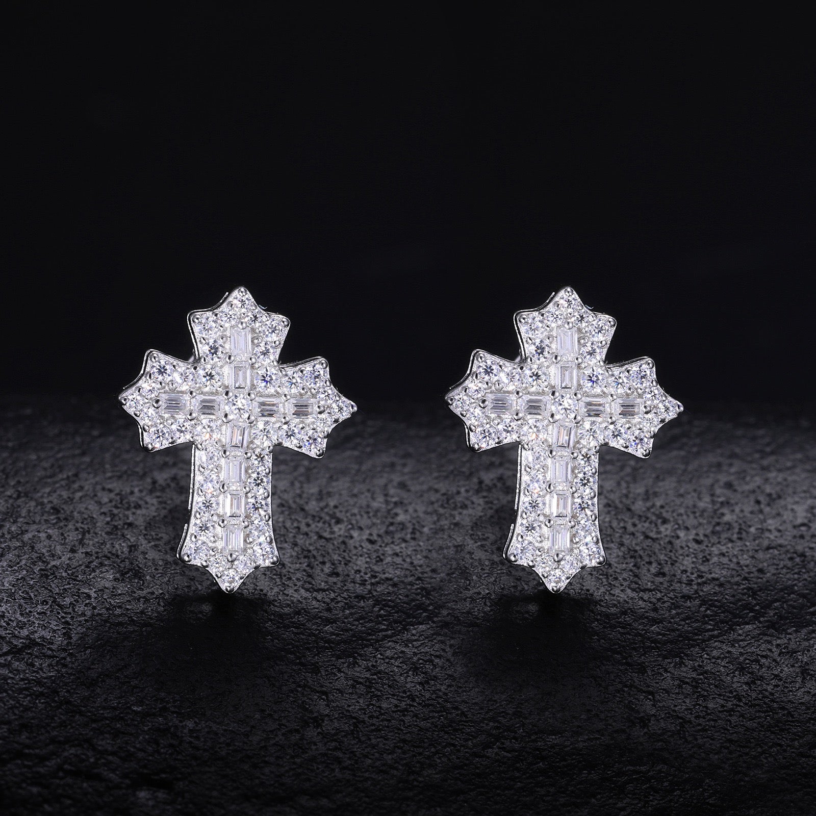 S925 Sterling Silver Moissanite Cross Stud Earrings – Minimalist, Trendy, and Stylish Hip-Hop Accessories