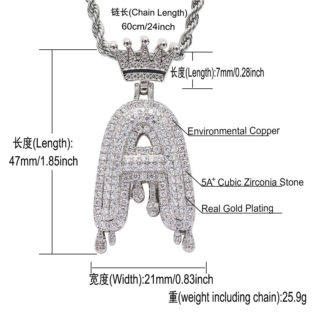 Hip-Hop Crown & Teardrop English Letter Pendant — Micro-Pave Zirconia, Trendy Brand-Style Interlocking Letter Combination