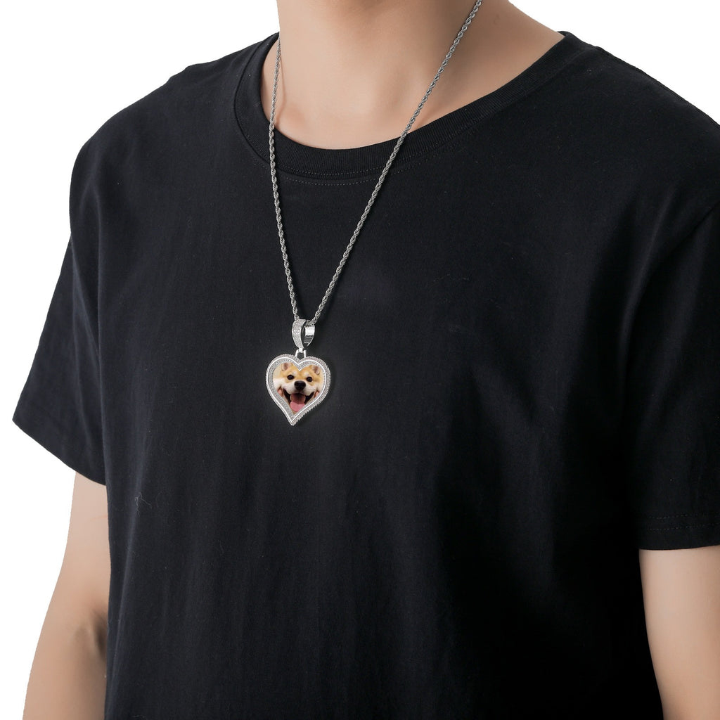Hip-Hop Style DIY Heart-Shaped Photo Pendant for Couples — Micro-Pave Zircon Picture Frame Necklace